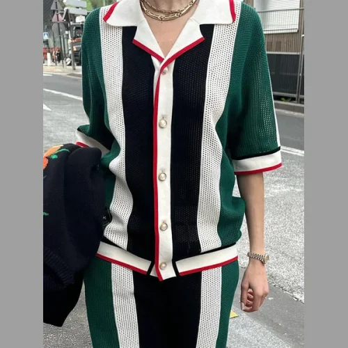 Loose Lapel Collar Color Block Urban Half Sleeve Blouse