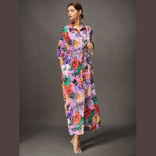 Vacation Floral Button-Front Belted Shirt Dress with Pocket