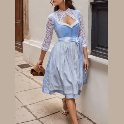 Elegant Velvet Lace Floral Dirndl Dress Three Piece