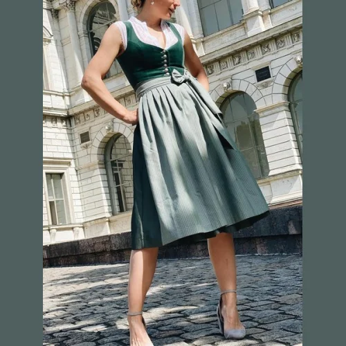V Neck Velvet Buttoned Elegant Dirndl Dress Three Piece