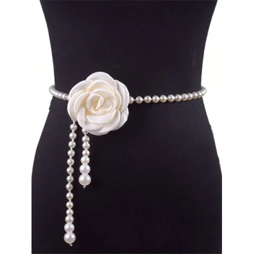Elegant Camellia Flower Waist Chain Faux Pearls Necklace