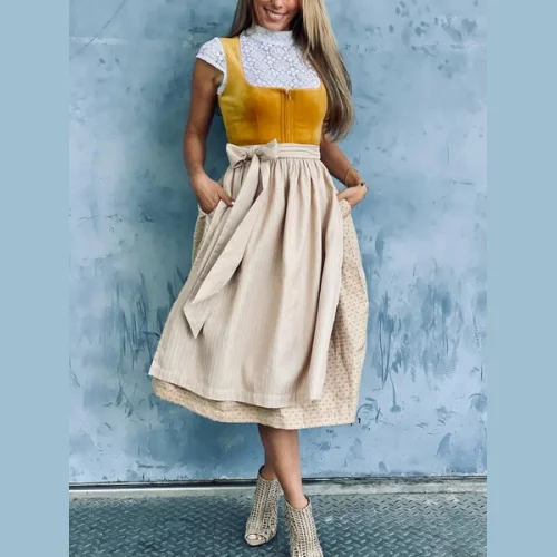 Elegant V Neck Velvet Cap Sleeve Dirndl Dress Three Piece