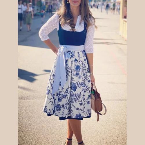 Elegant V Neck Lace-Up Floral Dirndl Dress Three Piece