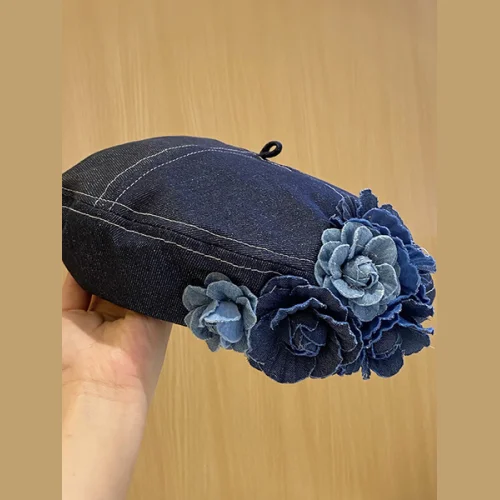 Denim 3D Floral Beret
