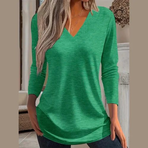 Casual Plain V Neck Long Sleeve T-shirt