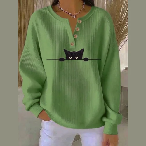 Casual Cat Crew Neck Long Sleeve Sweatshirt