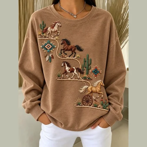 Vintage Ethnic Crew Neck Long Sleeve Sweatshirt