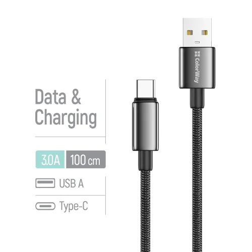 Kábel ColorWay USB-A – USB-C (zinková zliatina, nylonové opletenie) 3A, 1m čierny (CW-CBUC098-