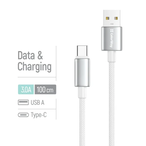Kábel ColorWay USB-A – USB-C (zinková zliatina, nylonové opletenie) 3A, 1m biely (CW-CBUC098-WT