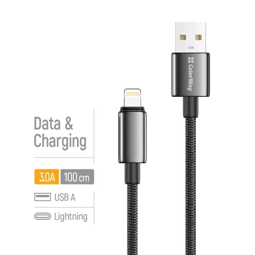 Kábel ColorWay USB-A – Apple Lightning (zinková zliatina, nylonové opletenie) 3A, 1m čierny (C