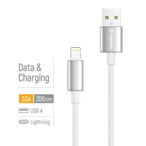Kábel ColorWay USB-A – Apple Lightning (zinková zliatina, nylonové opletenie) 3A, 2m biely (CW-