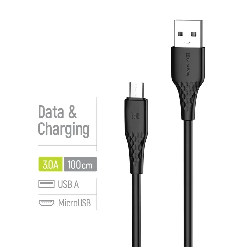 Kábel ColorWay USB-A – Micro USB (textúrované PVC) 3A, 1m čierny (CW-CBUM094-BK)