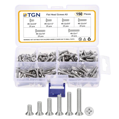Flat Head Machine Screws Kit - 304 Stainless Steel Hardware Bolts for Outdoor 150/#8-32x3/8"/1/2"/5/