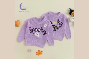 Baby Toddler Girl Halloween Sweater Letter Ghost Witch Embroidery Ribbed Long Sleeve Knitted Tops fo