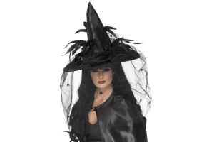 Black Feathers & Netted Spider Veil Witch Hat
