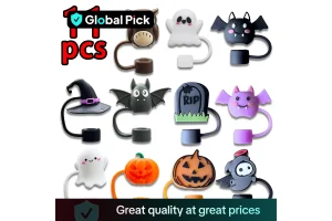 Halloween Themed Straw Set, Reusable 3D Straw Caps, Ghosts Bats Cats Witch Hats Pumpkins Designs, Pa