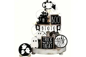 Halloween Tiered Tray Decorations, 13pcs/set Ghost & Pumpkin & Letter Pattern Wooden Ornament, Hallo