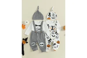 Infant Baby Boy Halloween Clothes Letter Long Sleeve Romper Ghost/Skull Print Supender Pants Hat Out