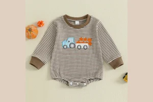 Infant Baby Boy Halloween Sweatshirt Romper Casual Trucker Pumpkin Embroidery Striped Long Sleeve Ju