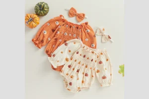 Infant Baby Girl Halloween Jumpsuit Cartoon Pumpkin Print Ruched Off Shoulder Long Sleeve Romper + B
