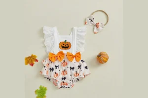 Infant Baby Girl Halloween Romper Bow Pumpkin Print Bodysuit Lace Trim Sleeveless Ruffle Jumpsuit wi