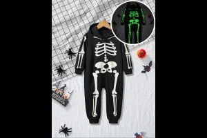 Kid's Luminous Skeleton Print Pretend Play Hooded Jumpsuit, Long Sleeve Zip Up Jumpsuit for Party, B