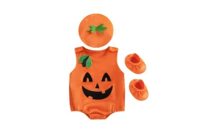 Newborn Baby Girl Boy Halloween Costumes Sleeveless Pumpkin Romper Tank Top Hat Socks 3Pcs Halloween