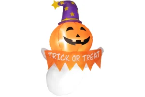 Outsunny 3.4ft Inflatable Halloween Window Sticker Ghost with Orange Face, Blow Up LED Display for G