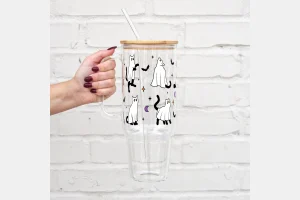 Sip-Sip Hooray! Ghost Cats Halloween Cup – Bamboo Lid & Straw, Aesthetic Drinkware, Reusable Fall 