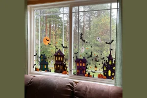 TEMU 1set/4pcs Colorful Spooky Haunted House Static Cling Window Stickers With Bat Pumpkin Web Star,
