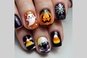 TEMU 24pcs Halloween Cute Cartoon Short Press-on Nails, Pumpkin Bat Candy Corn Patterns, Glitter Fak