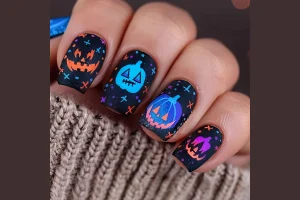 TEMU 30pcs Cool Neon Glow Halloween Press-on Nails With Fluorescent Pumpkin Cross Reusable Short Squ