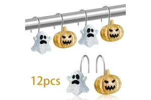 TEMU Spooky Glitter & Pumpkin Shower Curtain Hooks, 12pcs Halloween Decorative Curtain Rings, Cute G