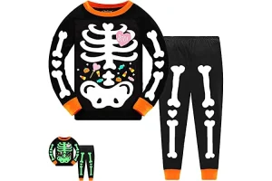 Tkria Kids Pajamas for Boys Skeleton Glow-in-The-Dark Cotton Sleepwear Toddler Clothes Halloween Out