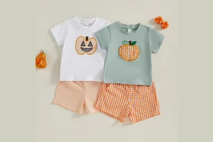 Toddler Baby Boys Halloween Outfits Pumpkin Pattern Short Sleeves T-Shirt and Elastic Plaid Shorts C
