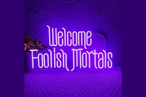 Welcome Foolish Mortals Halloween Neon Sign, Dimmable LED Coffin Wall Decor with Glowing LED for Hau
