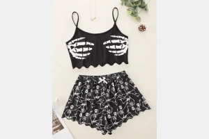 Women's Halloween Skull Print Summer Lounge Co-ord Set, Casual Crop Cami Top & Bow Front Elastic Wai