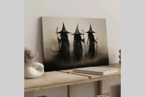 Wooden Framed Canvas Painting, 1-3 Count Mysterious Black-robed Wizards Fantasy Poster, Halloween De